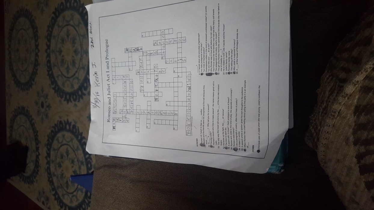 Crossword puzzle romeo and juliet answers