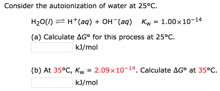 Complete the kw expression for the autoionization of water